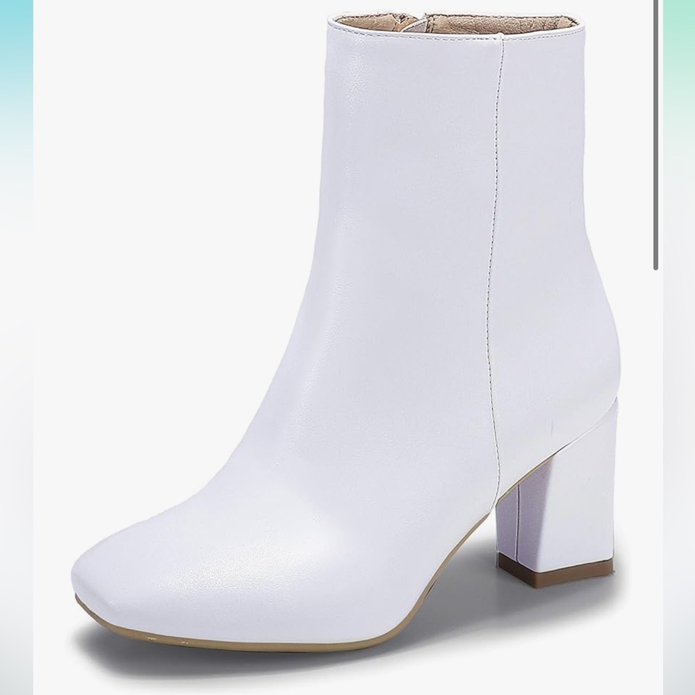 White Square Toe Block Heel Booties